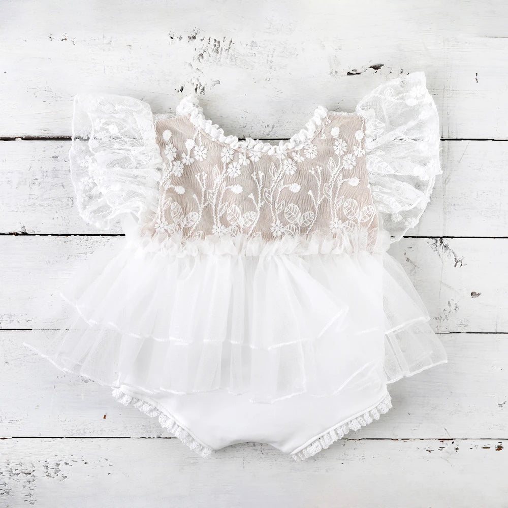 Newborn Vintage Cream Lace Romper Ruffle Skirt Costume Princess Studio Wardrobe