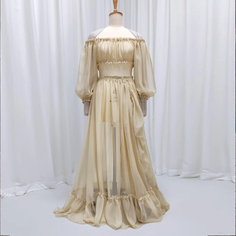 Maternity Dresses For Photo Shoot Sexy Transparent Chiffon Off Shoulder Ruffled Sleeves Two-Piece Dress Baby Showers Dress