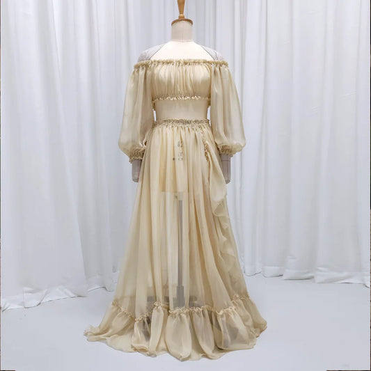 Maternity Dresses For Photo Shoot Sexy Transparent Chiffon Off Shoulder Ruffled Sleeves Two-Piece Dress Baby Showers Dress