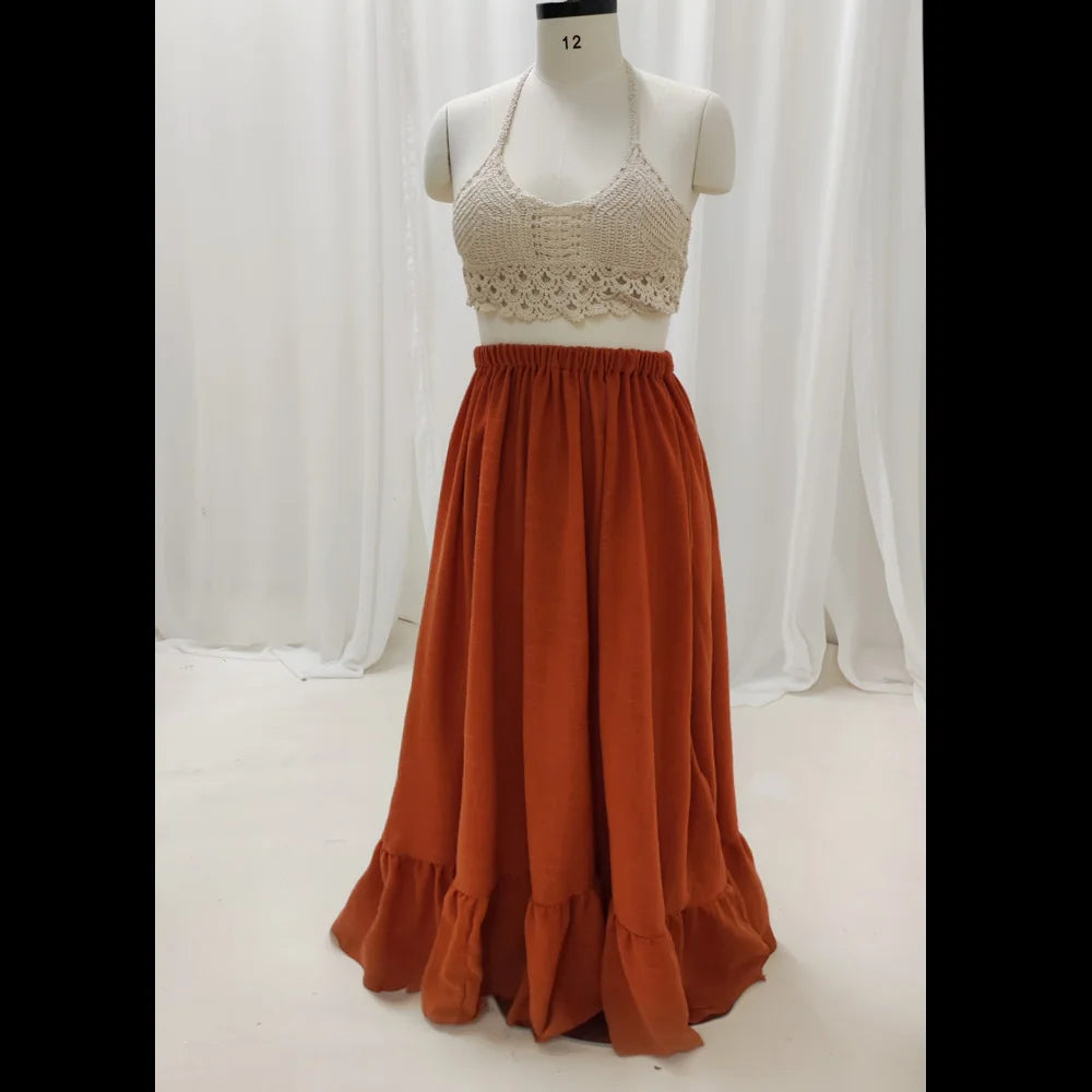Maternity Bohemian Knitted Camisole Vest Orange Linen Cotton Skirt