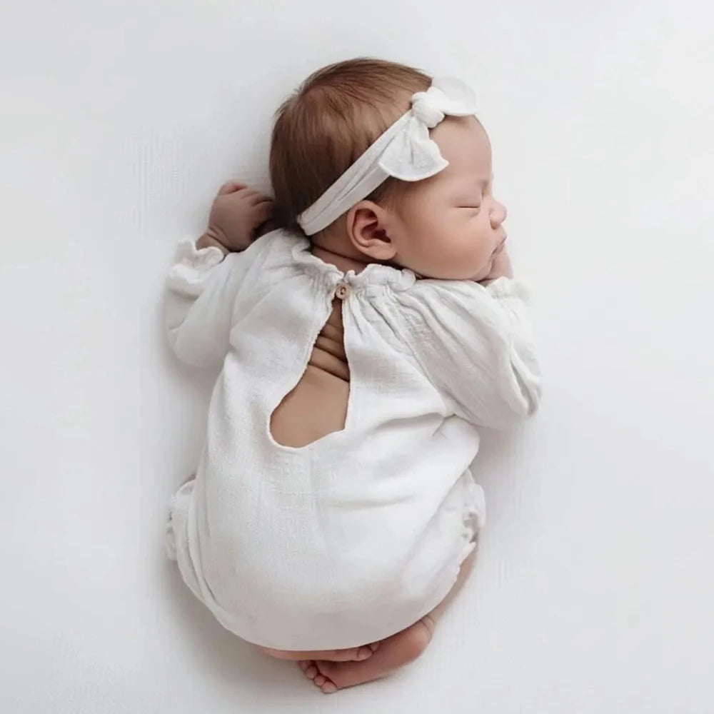 Vintage Newborn White Long Sleeve Romper Back Cutout Ruffle Detail Baby