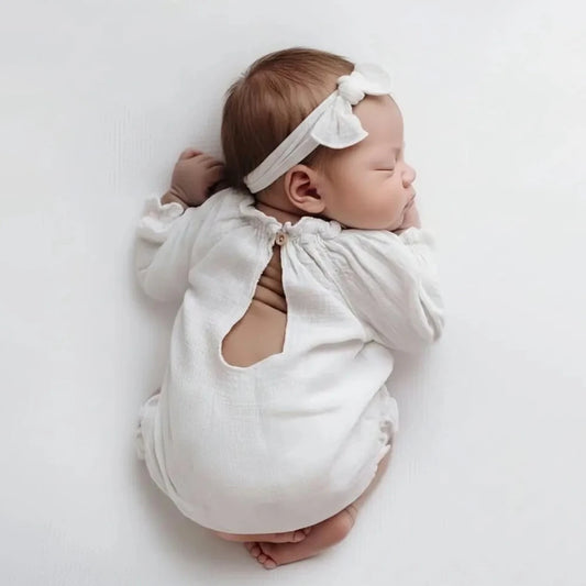 Vintage Newborn White Long Sleeve Romper Back Cutout Ruffle Detail Baby