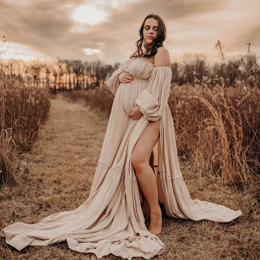 Bohemian Photo Shooting Pregnancy Dress Linen Cotton Off Shoulder Long Sleeved Floor Length Dress Flying Dress For Photography