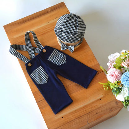 Newborn Baby Boy Vintage Gentleman Houndstooth Suspender Pants Newsboy Cap 0-3m Newborn Set