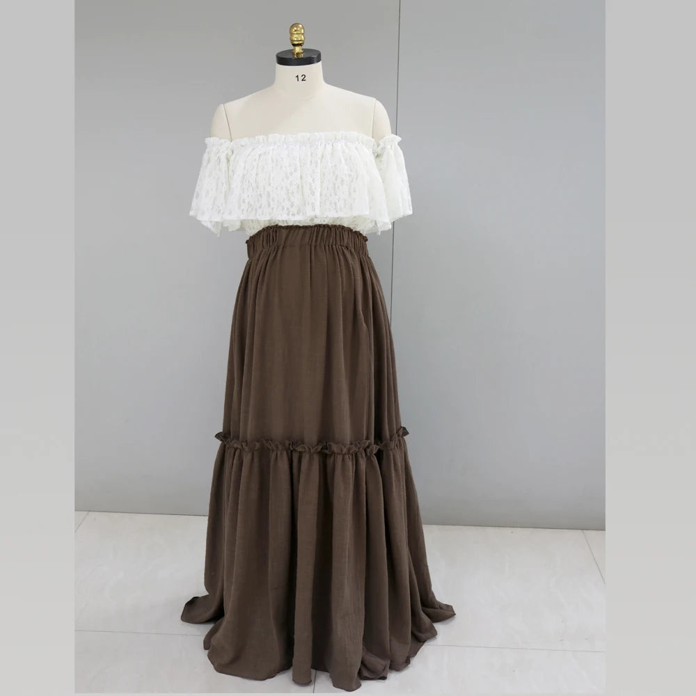 Maternity Bohemian Dual Color Design Two-pieces Set Vintage Lace Top Linen Cotton Skirt