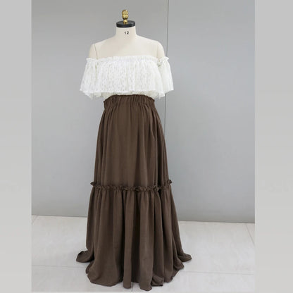 Maternity Bohemian Dual Color Design Two-pieces Set Vintage Lace Top Linen Cotton Skirt