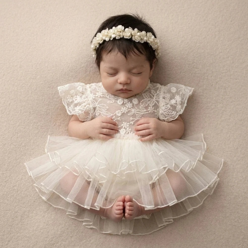Newborn Vintage Cream Lace Romper Ruffle Skirt Costume Princess Studio Wardrobe