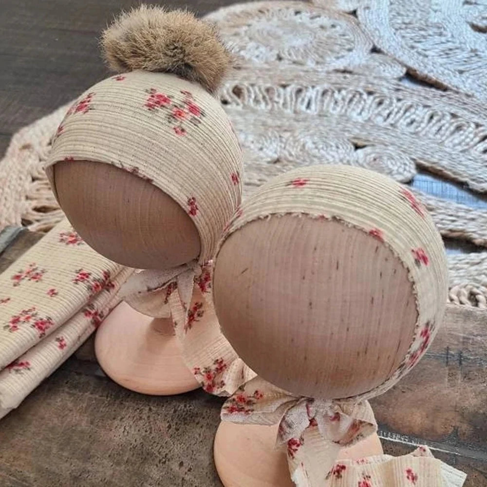 Floral Bonnet Baby Pom Hat Headband Newborn Girl