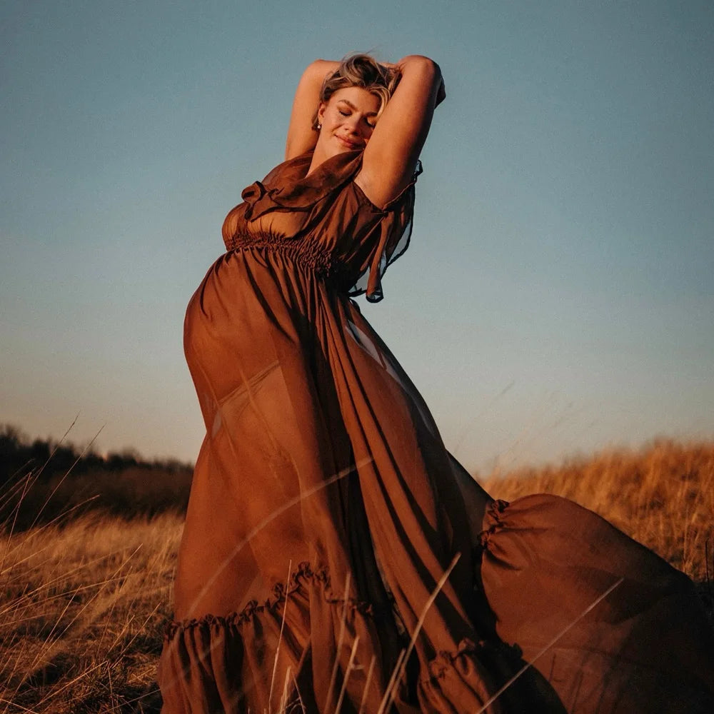 Maternity Dresses For Photo Shoot Elegant Chiffon Off Shoulder Pleated Hem Mop Dress Photography Dress For Women