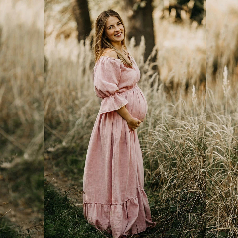 Maternity Clothes Soft Skin Friendly Linen Cotton Woman Bohemian Style Baby Showers Gown