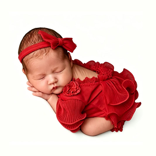 Baby Girl Ruffle Sleeve Romper Flower Bodice Bow Headband Newborn