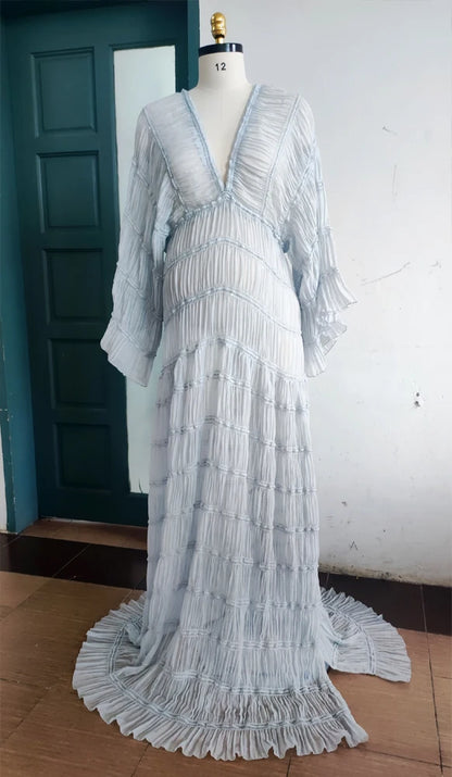 Maternity Bohemian Ruffle Long Sleeve Pleated Gown