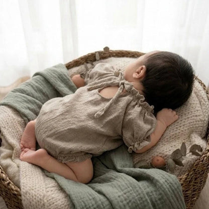 Vintage Beige Linen Cotton Off Shoulder Ruffle Romper Baby Girl