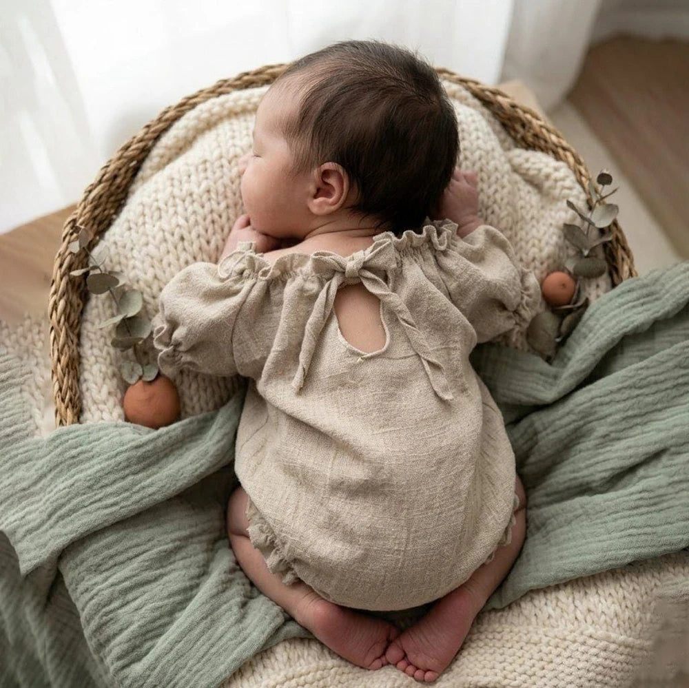 Vintage Beige Linen Cotton Off Shoulder Ruffle Romper Baby Girl