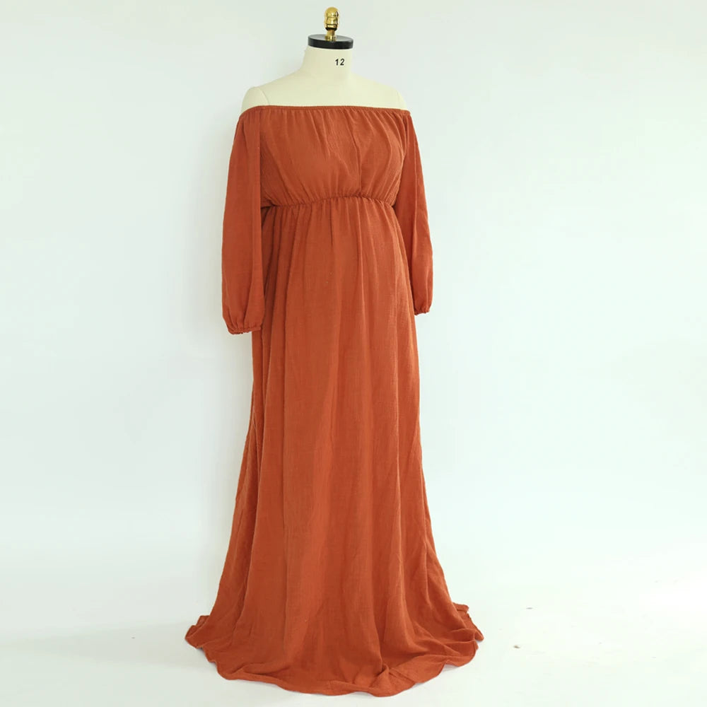 Maternity Bohemian Dress Comfort Linen Cotton One Shoulder Boho Style Baby Shower