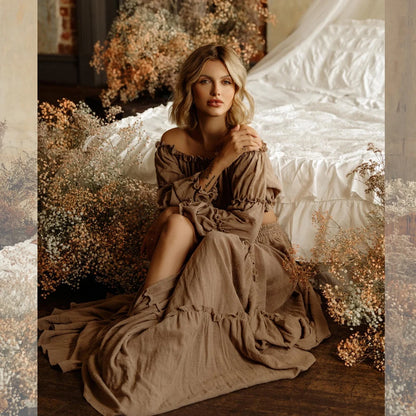 Maternity Comfortable Linen Cotton One Shoulder Two-piece Set Bohemian