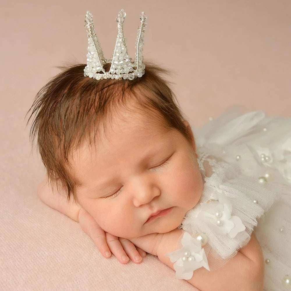 Baby Girl White Tutu Dress Pearl Embellished Ruffle Lace Tulle Skirt Newborn Set