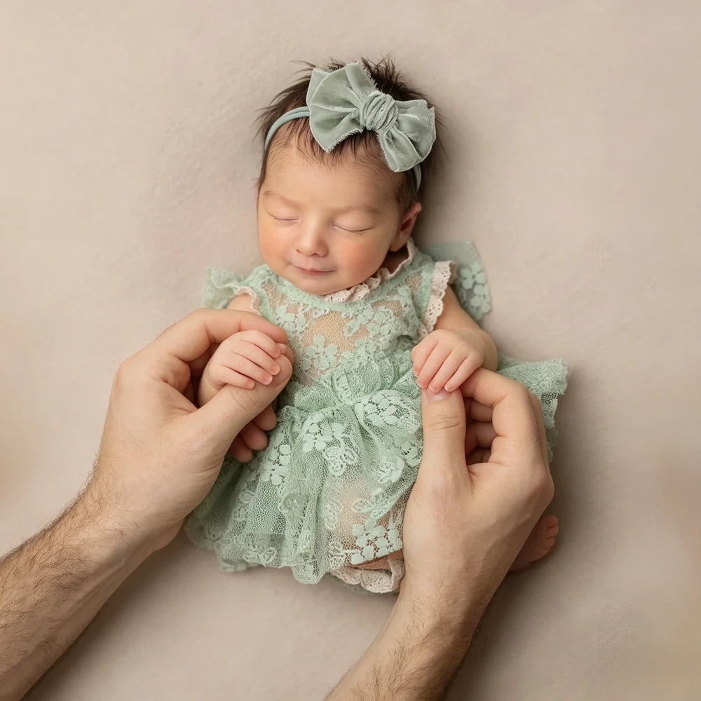 Sage Green Baby Newborn Girl Lace Romper Vintage Dress