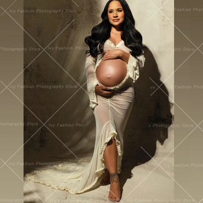 Maternity Dress Gown Transparent Ruffle Woman Belly Hollowed Out Long Sleeved Baby Shower
