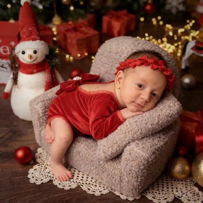 Newborn Baby Girl Red Velvet Christmas Romper Photo Bodysuit Off-shoulder Bow 0-3m