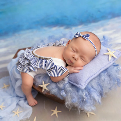 Blue White Stripe Ruffle Romper Baby Off Shoulder Bodysuit Girl