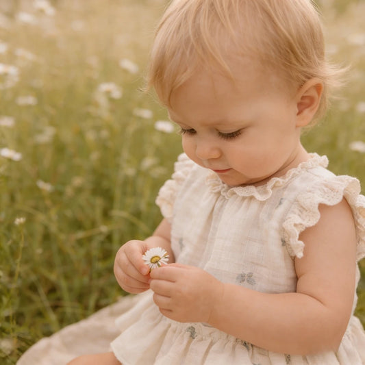 Baby Girl Romper Set Cream White Floral Embroidered Ruffle Shorts Outdoor Field Maternity Sibling