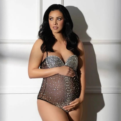 Maternity Luxurious Bodysuit Rhinestones Pearls Stretch Spandex Jumpsuit
