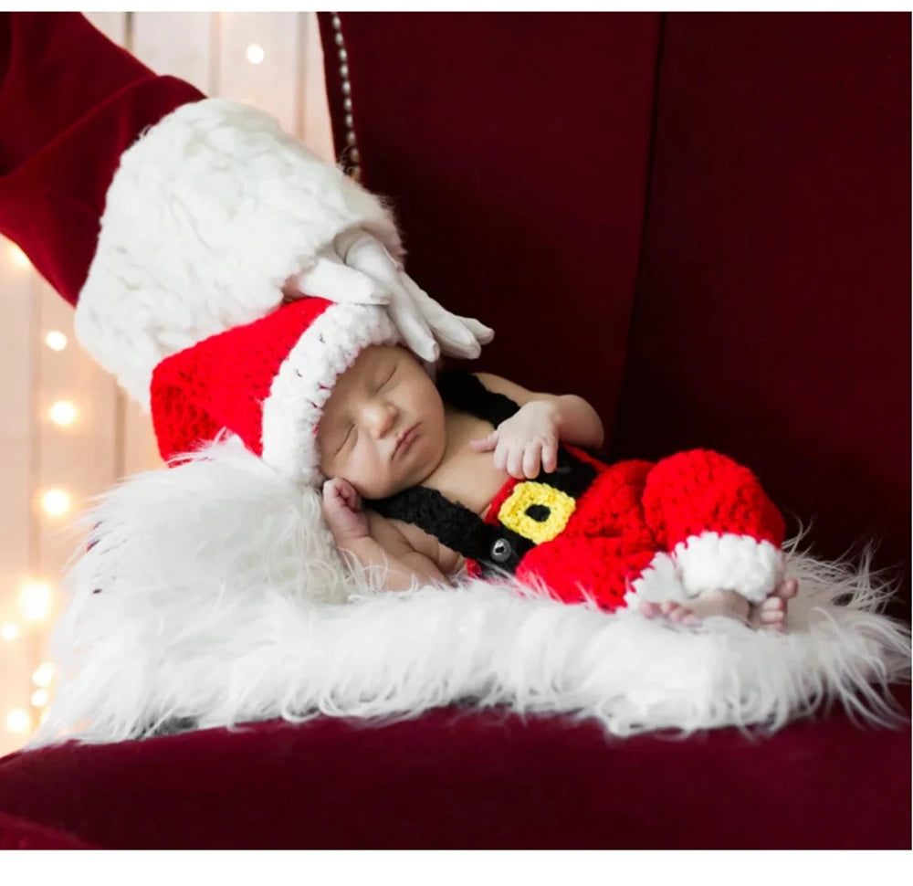 Newborn Christmas Santa Costume Knit Pants Hat Set Baby Photo Holiday Studio Boutique