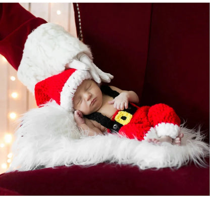 Newborn Christmas Santa Costume Knit Pants Hat Set Baby Photo Holiday Studio Boutique