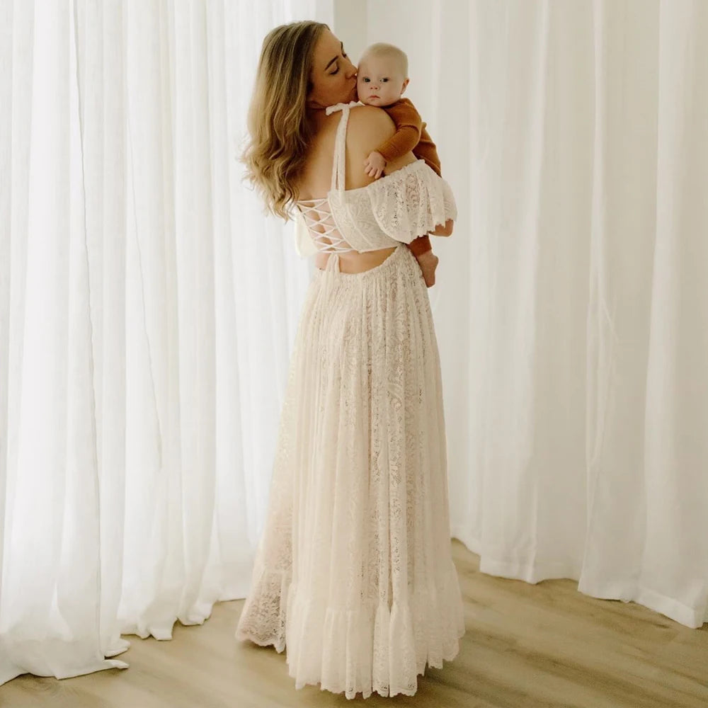 Maternity Beige Lace Two-piece Suspender Dress
