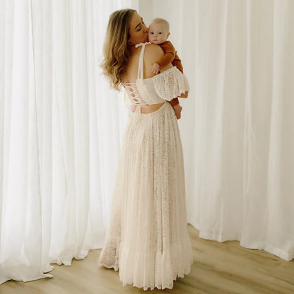 Maternity Beige Lace Two-piece Suspender Dress