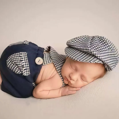 Newborn Baby Boy Vintage Gentleman Houndstooth Suspender Pants Newsboy Cap 0-3m Newborn Set