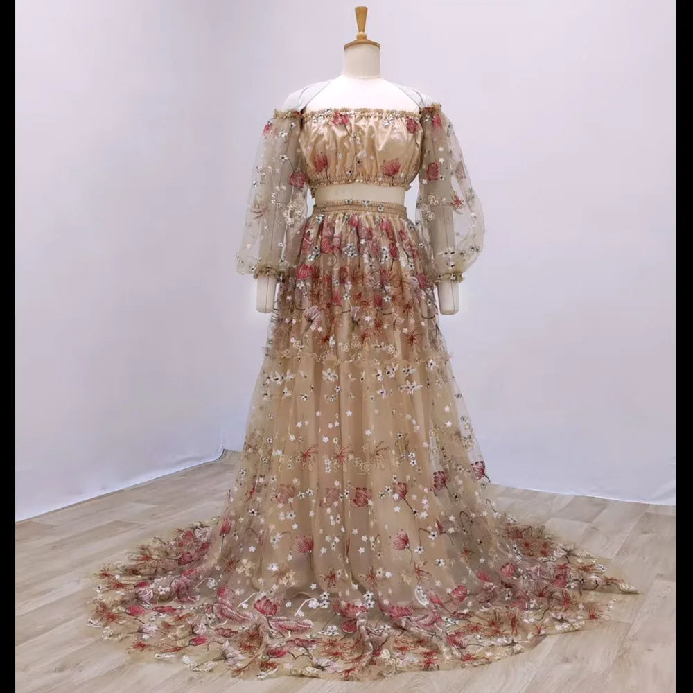 Lace Maternity Dress Off Shoulder Embroidered Yarn Floral Long Sleeves Two-piece Set Dress For Pregnant Women Baby Shower Dresse