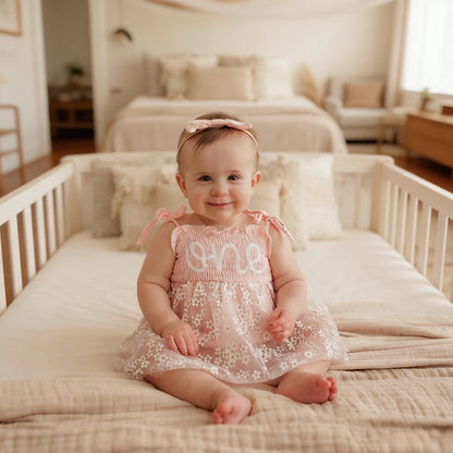 Pink Floral Embroidered One Year Birthday Baby Girl Dress Bow Headband Smocked Tulle Newborn Set