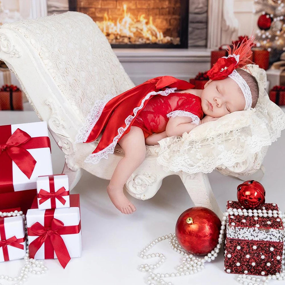 Newborn Baby Set Lace Romper Bow Headband Christmas Photo Studio Shoot Holiday