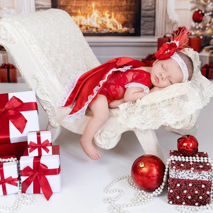 Newborn Baby Set Lace Romper Bow Headband Christmas Photo Studio Shoot Holiday