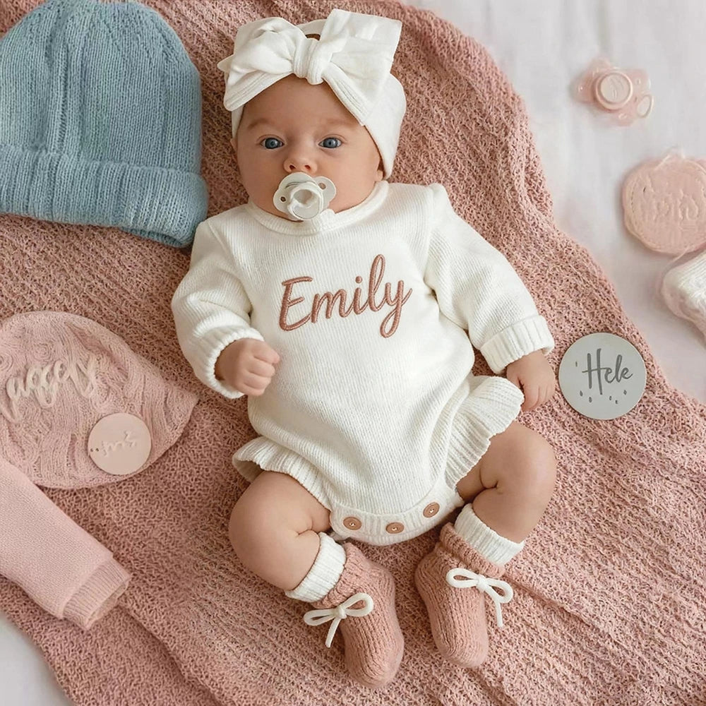 Newborn Personalized Baby Girl Knit Romper Ruffle Skirt Custom Name Embroidery Bow Headband Photo