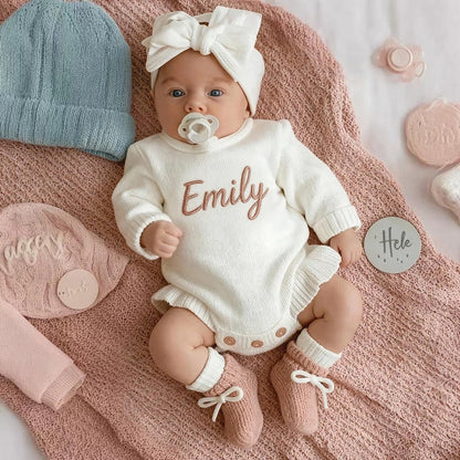 Newborn Personalized Baby Girl Knit Romper Ruffle Skirt Custom Name Embroidery Bow Headband Photo