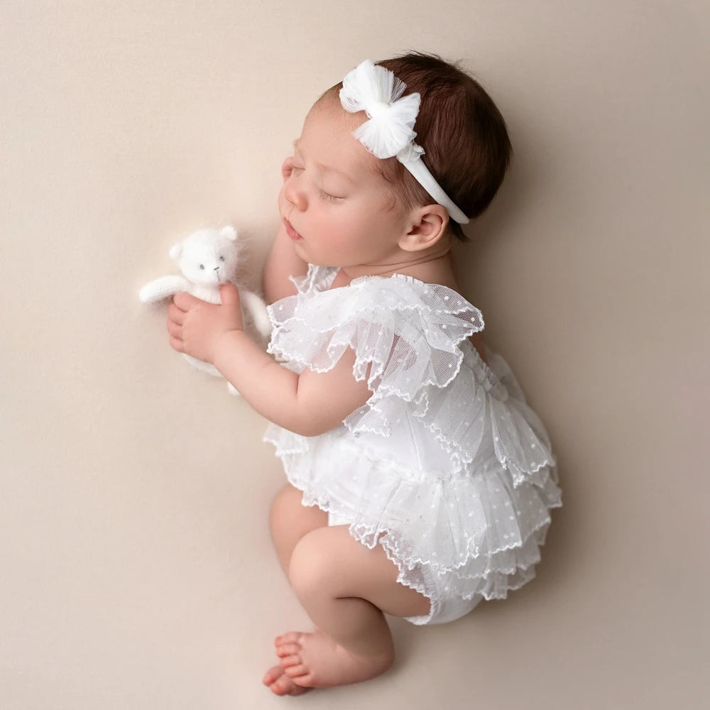 Baby Girl White Ruffle Romper Bow Headband Tulle Layered
