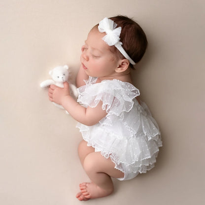 Baby Girl White Ruffle Romper Bow Headband Tulle Layered