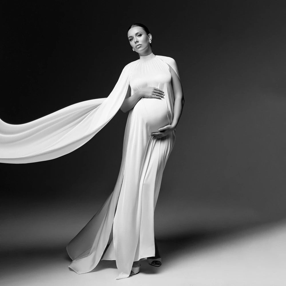 Elegant High-Neck Cape-Sleeve Maternity Gown | KOOUOO