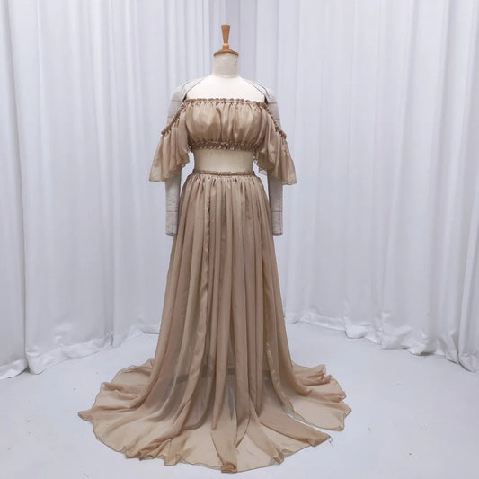 Photography Dress For Women Maternity Gown For Photo Shoot Transparent Chiffon Off Shoulder Ruffle Sleeves Two-piece Dress