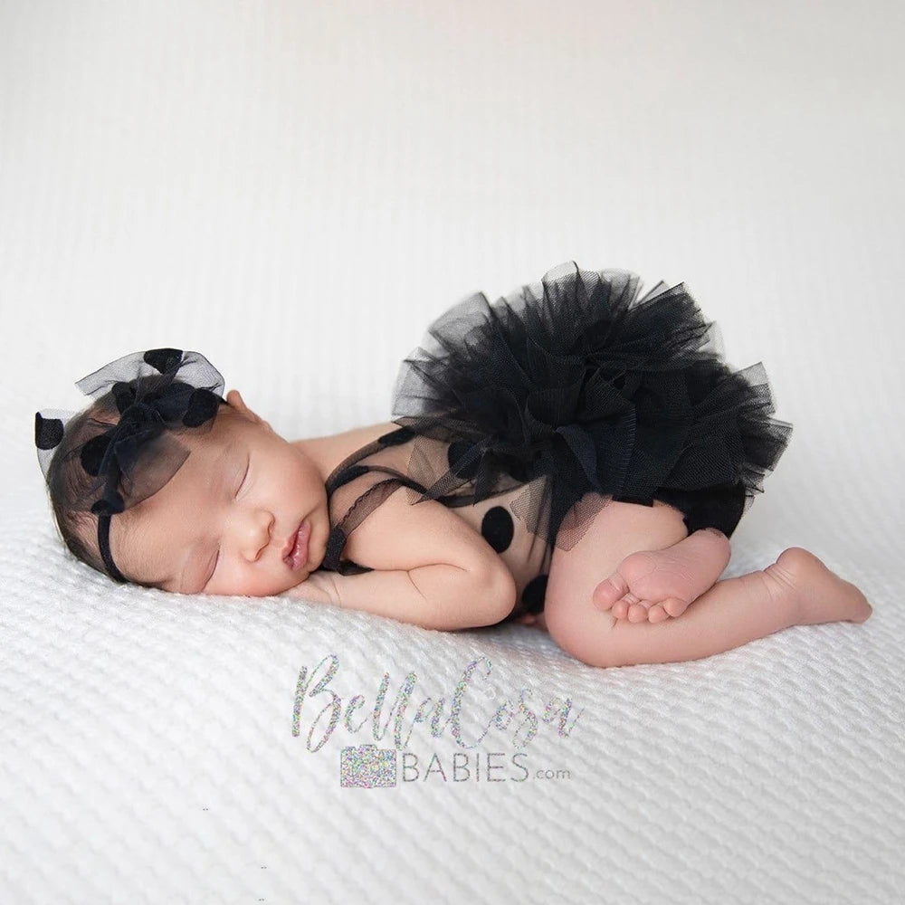 Black Polka Dot Tutu Romper Newborn Baby Girl Tulle Skirt Bow Headband Professional Studio Photos