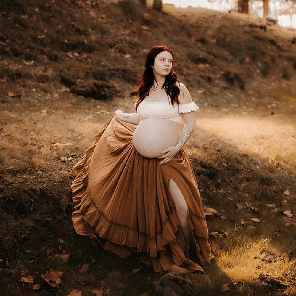 Maternity Knitted Bra Linen Cotton Three-layer Lace Boho Style Dress Two-piece Set