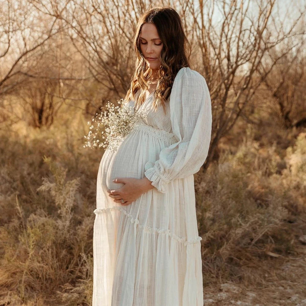 Maternity Linen Cotton Elegant V-neck Baby Showers Dress