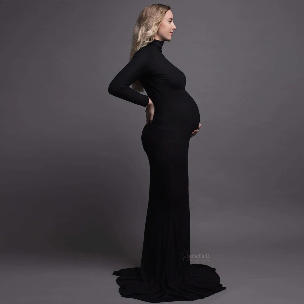 Maternity Fashionable Black Stretch Cotton Floor Length Dress Baby Showers Pregnancyphoto