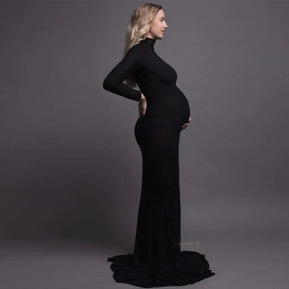 Maternity Fashionable Black Stretch Cotton Floor Length Dress Baby Showers Pregnancyphoto