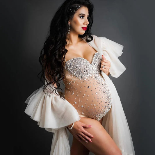 Maternity Neck Rhinestones Pearls Luxurious Stretch Jumpsuits Dress