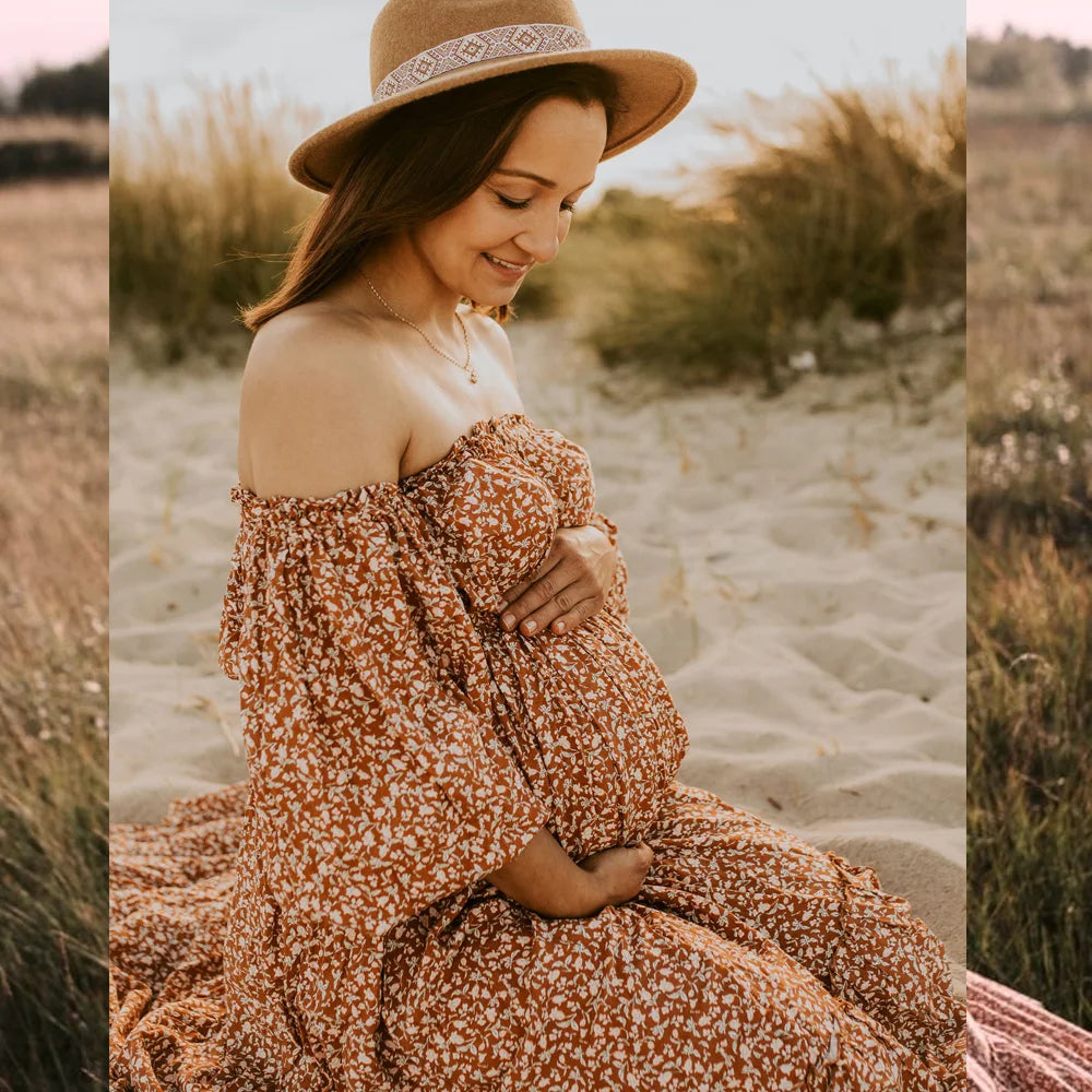 Bohemian Photo Shooting Pregnancy Dress Off Shoulder Long Sleeved Floral Dress For Women Maternity Dress For Photo Shoot