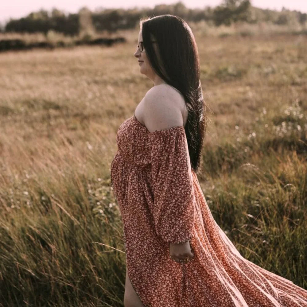 Bohemian Photo Shooting Pregnancy Dress Off Shoulder Long Sleeved Floral Dress For Women Maternity Dress For Photo Shoot